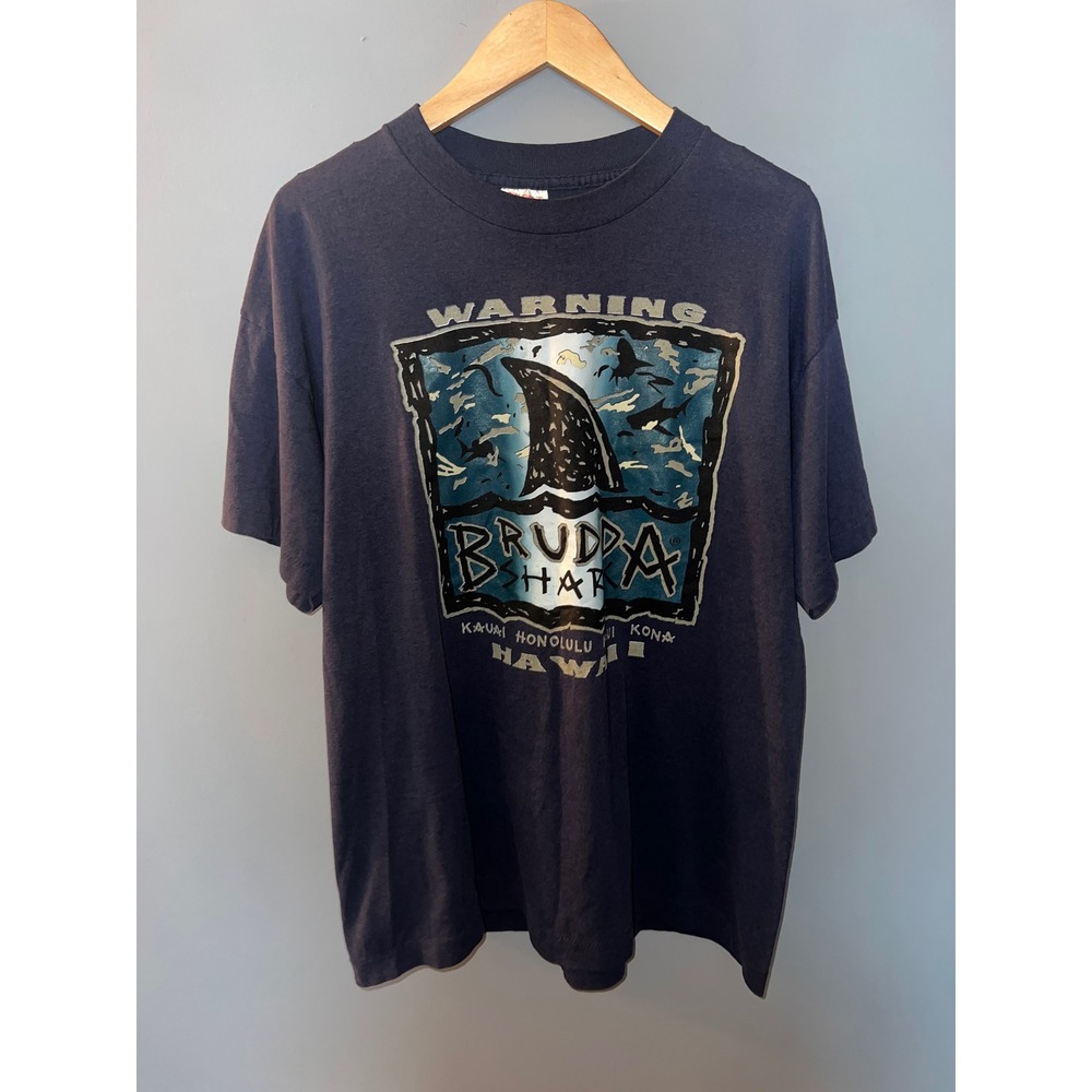 Vintage 90s Brudda Shark Hawaii T Shirt Navy Blue XL Made in USA Tee Jays Single
